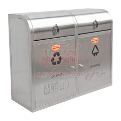THÙNG PHÂN LOẠI RÁC INOX 2 HỘC NẮP VÒM